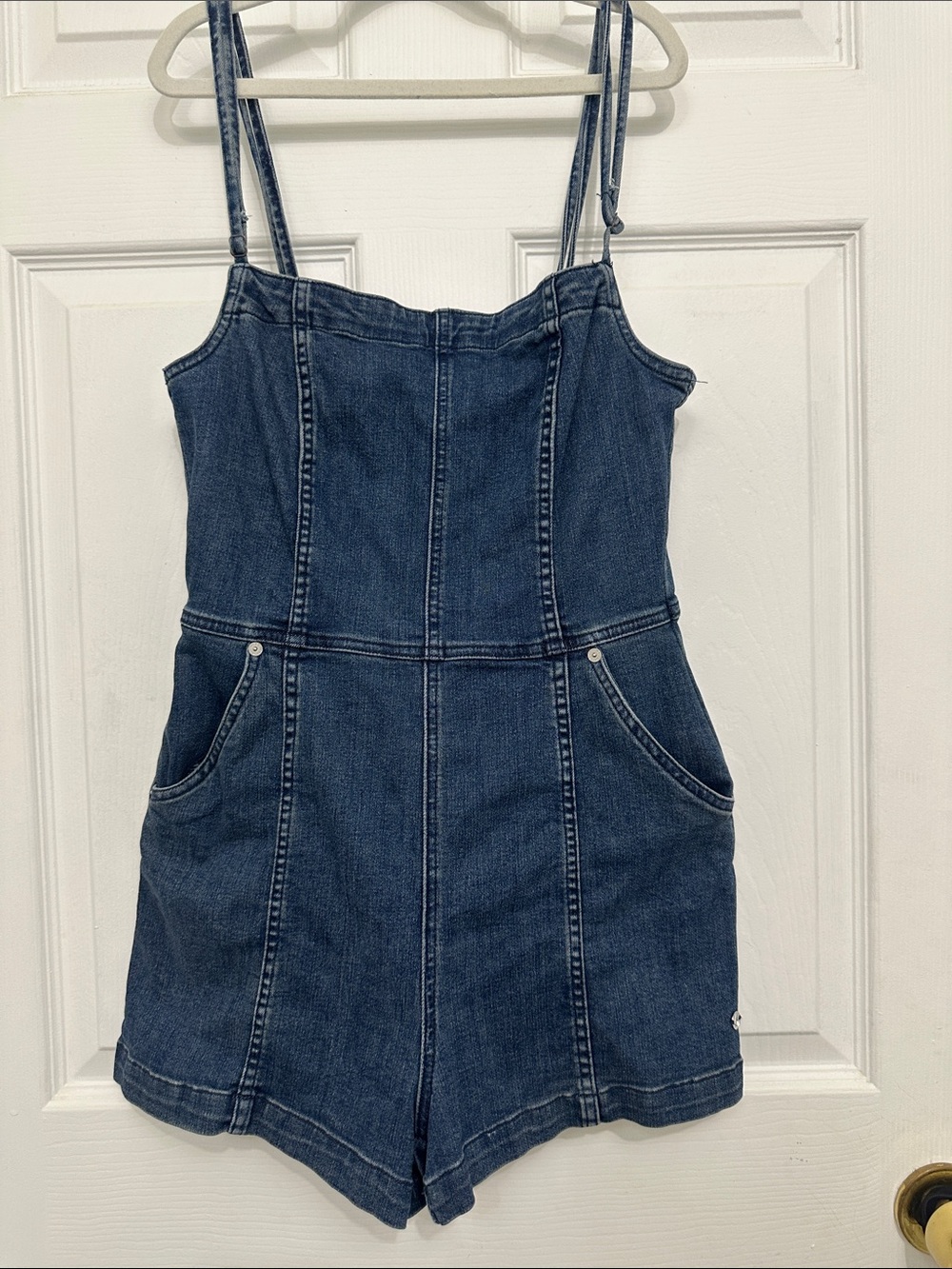Volcom Dark Blue Denim Romper Shorts with Adjustable Straps